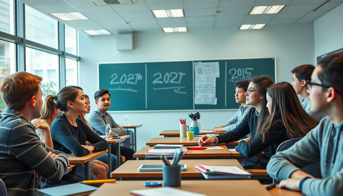 Students studying together in modern classroom